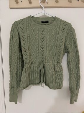 SHEIN Sage Green Cable Knit Drawstring Crew Sweater